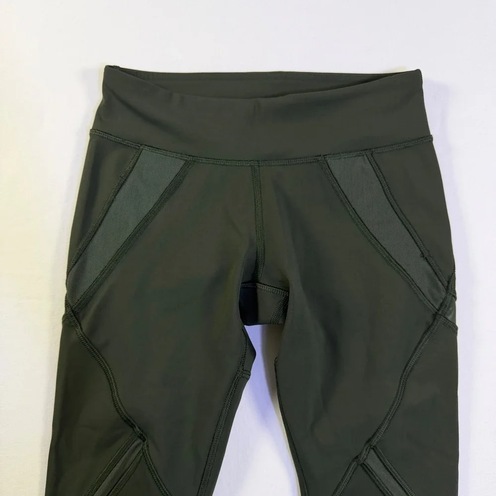 Lululemon Tight Stuff Crop II Dark‎ Olive Green Mesh Running Tights Yoga Size 2